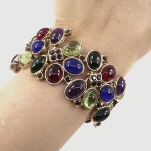 Vintage, Multi Color, Cabochon Bracelet, Acrylic, Red Rhinestones, Gold Tone
